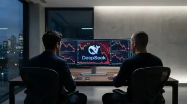 Two professionals viewed from behind monitor with red falling stock charts and DeepSeek logo, illustrating quant fund plunge.