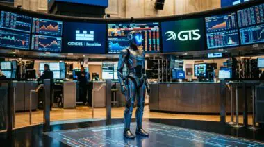 Robot with blue visor on stock exchange floor, financial screens, Citadel Securities logos, symbolizing DeepSeek's test.