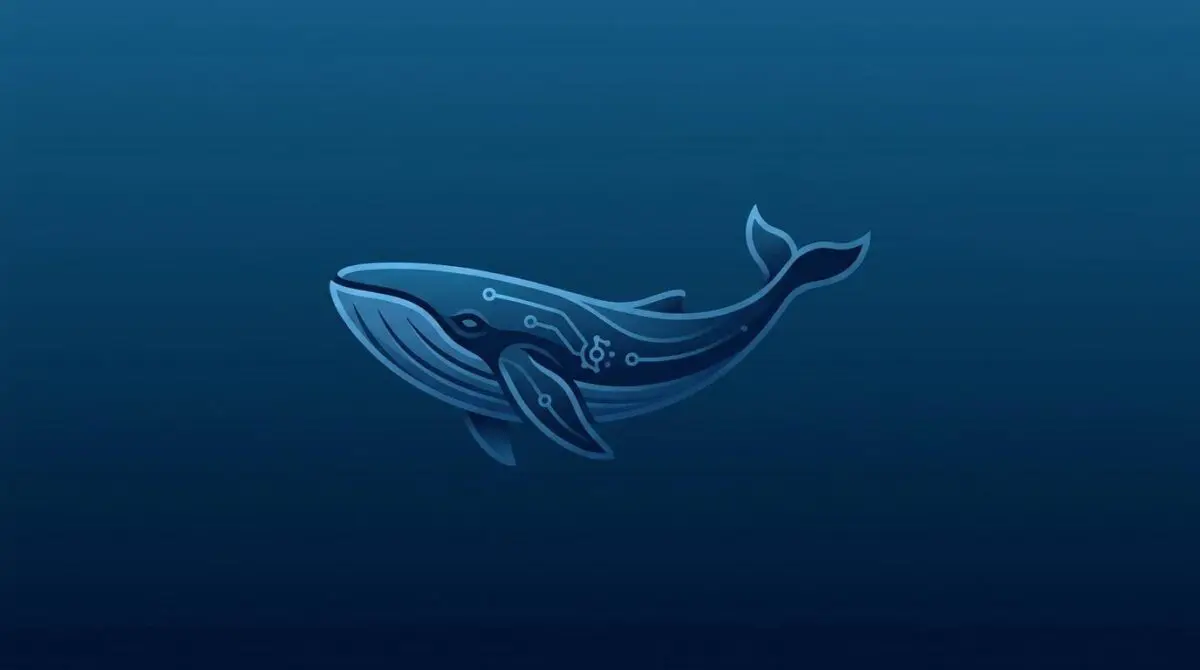 Vector illustration of a blue circuit-patterned whale swimming through dark ocean depths.
