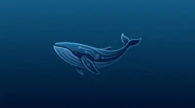 Vector illustration of a blue circuit-patterned whale swimming through dark ocean depths.