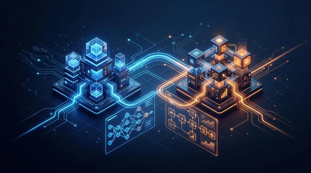 Isometric 3D server network with DeepSeek and n8n nodes connected by glowing circuit lines, floating holographic workflow diagrams on clean background.