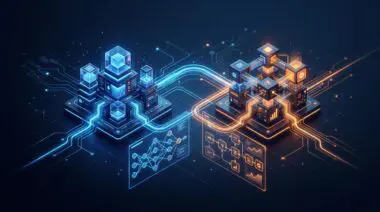 Isometric 3D server network with DeepSeek and n8n nodes connected by glowing circuit lines, floating holographic workflow diagrams on clean background.
