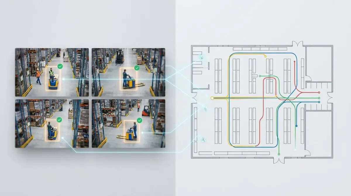 Split-screen: warehouse camera feeds left, floor plan color-coded tracks right, showing DeepStream 9.1 AI auto-calibration and agentic skills for object IDs.