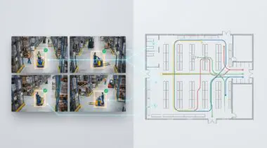 Split-screen: warehouse camera feeds left, floor plan color-coded tracks right, showing DeepStream 9.1 AI auto-calibration and agentic skills for object IDs.