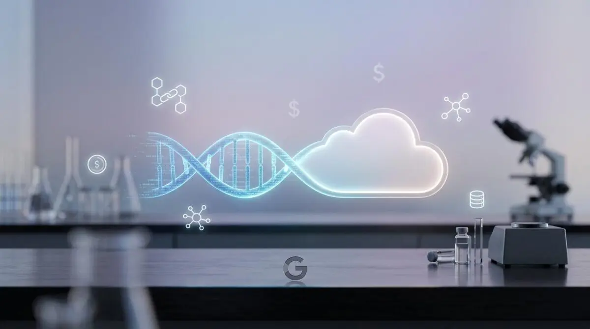 Glowing digital DNA helix merging with a cloud icon, floating token symbols, subtle dollar sign, small Google logo silhouette on sleek lab bench with pastel gray background