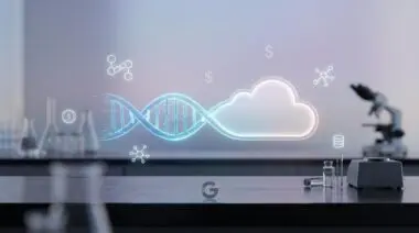Glowing digital DNA helix merging with a cloud icon, floating token symbols, subtle dollar sign, small Google logo silhouette on sleek lab bench with pastel gray background