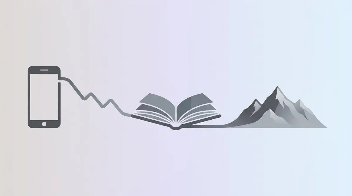 Stylized smartphone with downward Google Trends line morphing into book and mountain icons, pastel background.