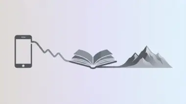 Stylized smartphone with downward Google Trends line morphing into book and mountain icons, pastel background.