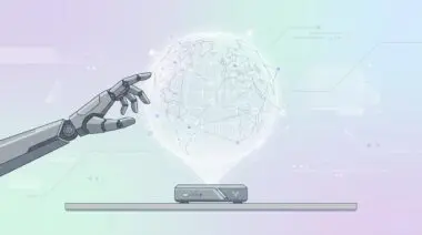 A small edge device radiates a wireframe globe while a robotic hand reaches toward it, symbolizing NVIDIA's real-time world model reasoning.