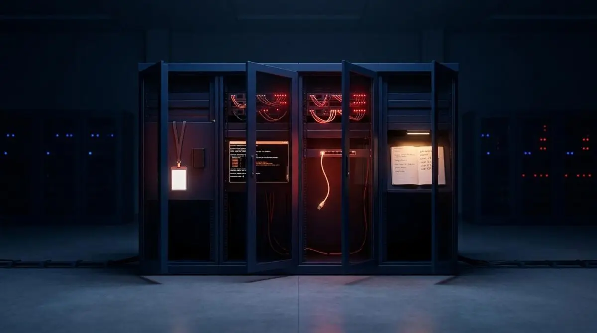 Server rack doors: blank badge, terminal, cable, password; blue DC red accents four fatal flaws enterprise AI agents.