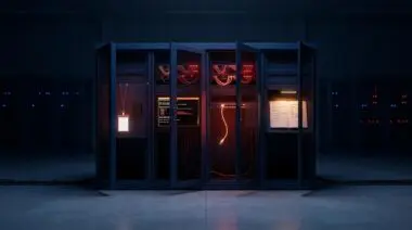 Server rack doors: blank badge, terminal, cable, password; blue DC red accents four fatal flaws enterprise AI agents.