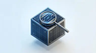 Floating cube with magnifying glass over diagonal geometric patterns, symbolizing chip stocks and AI's pivot to specialized silicon, isometric