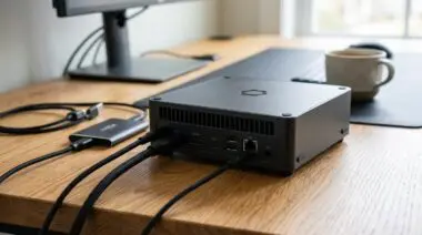 Close-up of a Framework AMD Ryzen AI desktop with 192GB memory on a wooden table, connected cables, running DeepSeek V4-Flash locally