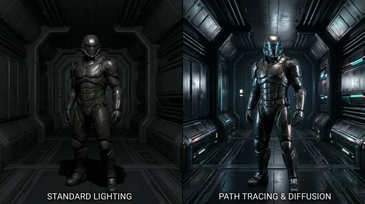 Futuristic armored soldier in dark corridor, left standard, right path tracing, Capcom performance leap in RE and PRAGMATA.
