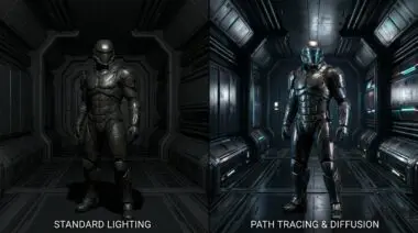 Futuristic armored soldier in dark corridor, left standard, right path tracing, Capcom performance leap in RE and PRAGMATA.