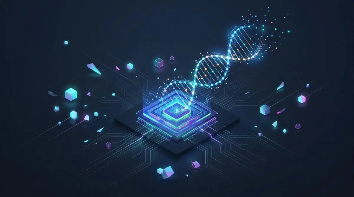 Glowing CPU with DNA-like data helix and floating geometric cubes on dark circuit board, representing n8n migration cost reduction and faster webhooks