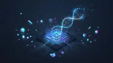Glowing CPU with DNA-like data helix and floating geometric cubes on dark circuit board, representing n8n migration cost reduction and faster webhooks