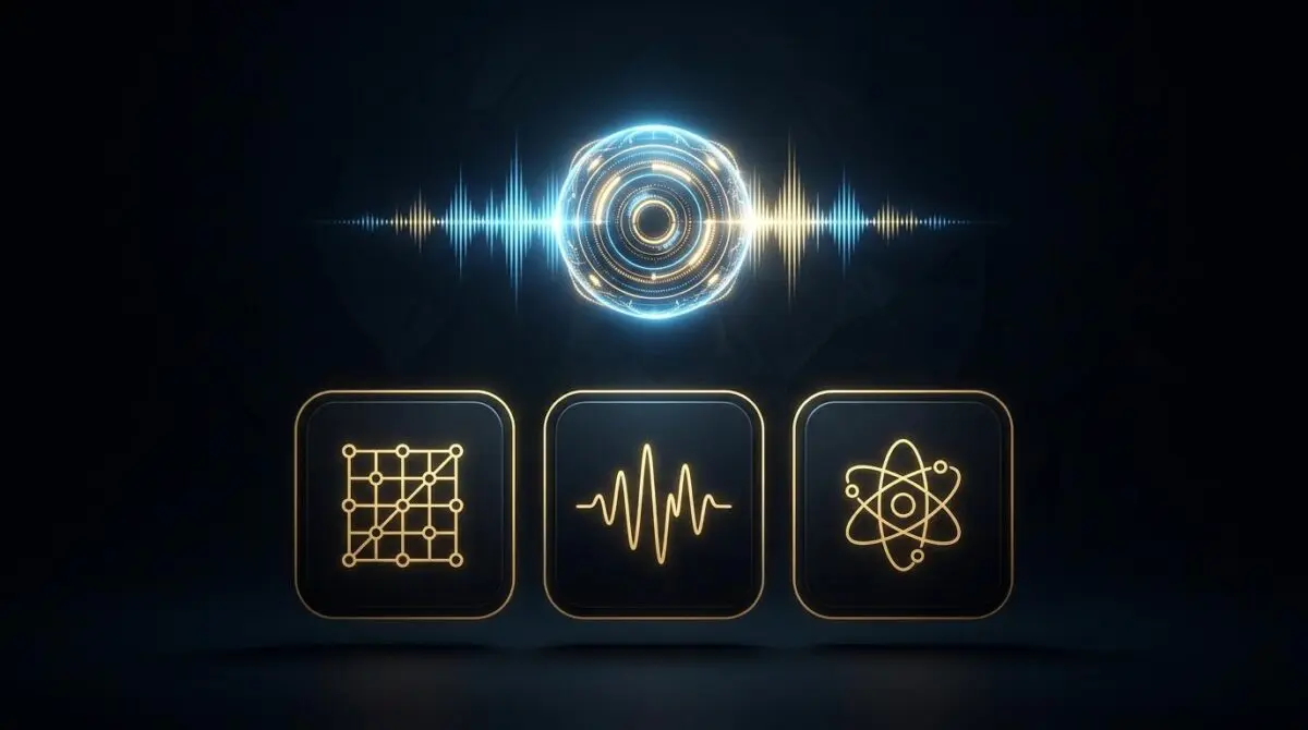 Glowing orb with concentric rings and sound wave over UI cards with gold grid, waveform, and atomic icons for NVIDIA VLM quantum tuning