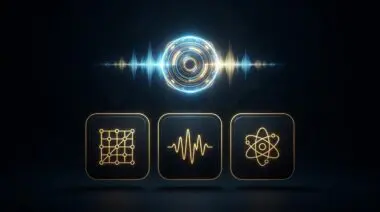 Glowing orb with concentric rings and sound wave over UI cards with gold grid, waveform, and atomic icons for NVIDIA VLM quantum tuning