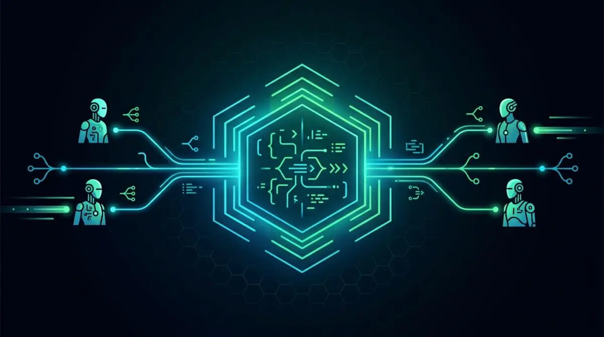 Digital illustration of a central circuit hub connecting to four robotic avatars representing artificial intelligence.
