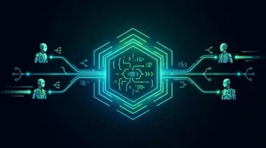 Digital illustration of a central circuit hub connecting to four robotic avatars representing artificial intelligence.