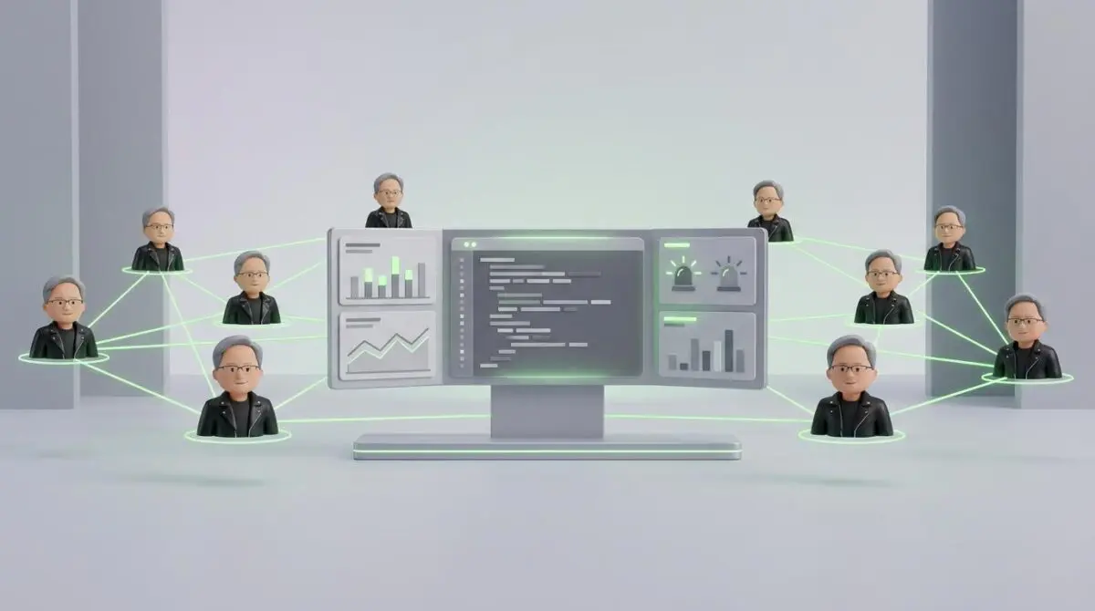 Stylized Jensen Huang avatars in a glowing green network connected to a GPU-accelerated alarm triage dashboard with code.
