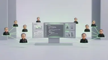 Stylized Jensen Huang avatars in a glowing green network connected to a GPU-accelerated alarm triage dashboard with code.
