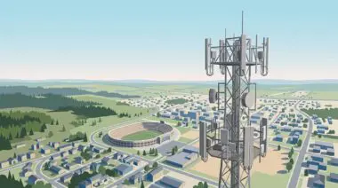 Tall metal telecom tower overlooking suburb with stadium and hills under blue sky, symbolizing GPU-accelerated Massive MIMO boosting spectral efficiency 1.62x.