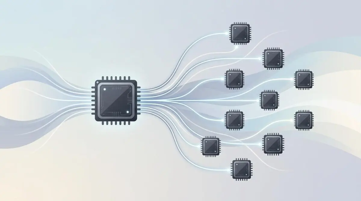 Single GPU chip splitting into smaller chips with flowing lines, gradient waves for distributed training, gray pastel background, NVIDIA Hugging Face scaling fine-tuning.