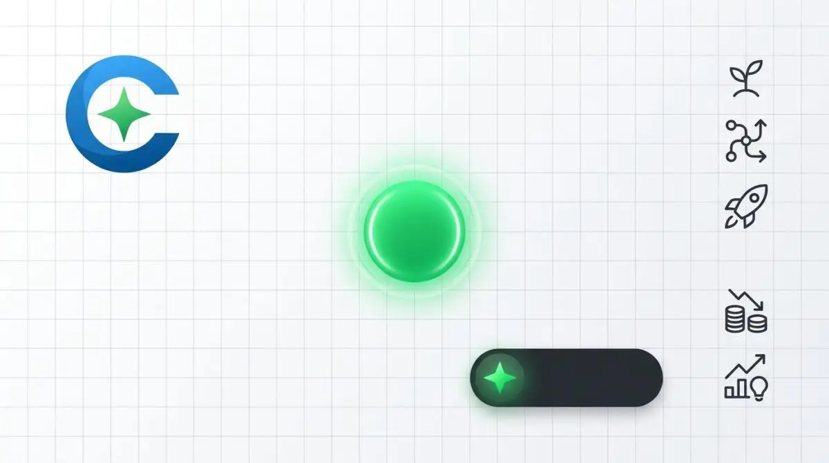 GitHub Copilot UI mockup with green circular element, grid, pill button, and abstract symbols for AI adoption phases and cost insights