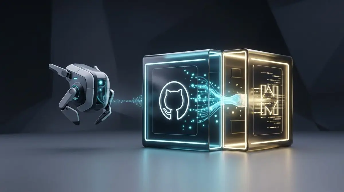Futuristic robot beside glowing cube with GitHub logo, representing the GitHub Copilot vs API credit shift June 2026.