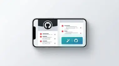 Smartphone showing code logs of failing GitHub Actions checks with 'Fix with Copilot' button, GitHub logo central, clean UI.