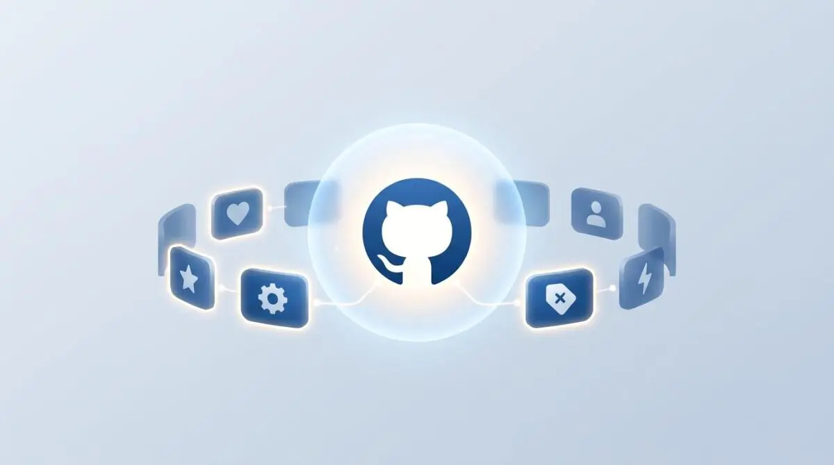 Glowing dome with GitHub Octocat silhouette surrounded by highlighted tag icons for multi-select tagging and filtering.