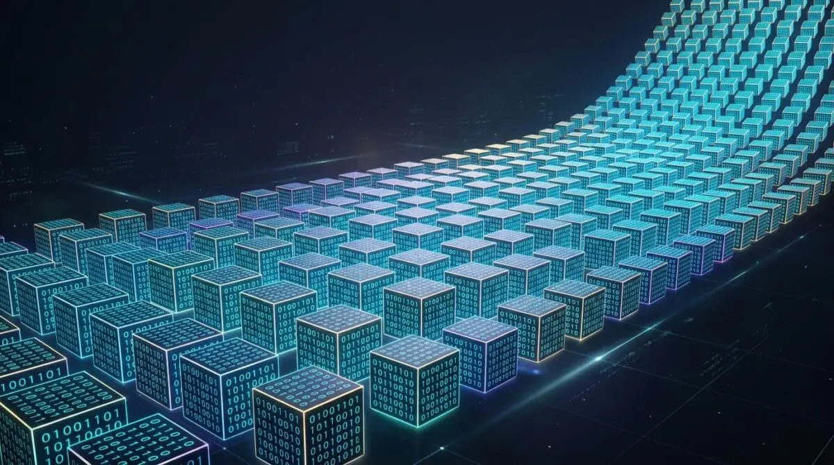 3D abstract glowing cubic grid with binary code surfaces, symbolizing 18.8x GPU cryptography performance boost from NVIDIA CLMAD in CUDA 13.3