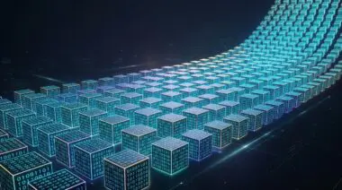 3D abstract glowing cubic grid with binary code surfaces, symbolizing 18.8x GPU cryptography performance boost from NVIDIA CLMAD in CUDA 13.3