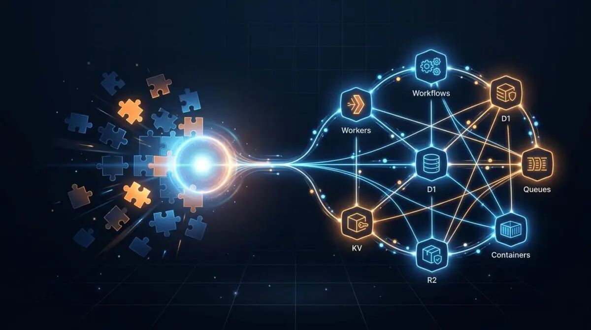 Glowing interconnected network nodes spanning Workers, D1, KV, and R2 with data flows, blue and orange puzzle pieces converging into a core, representing cdnjs's serverless infrastructure.