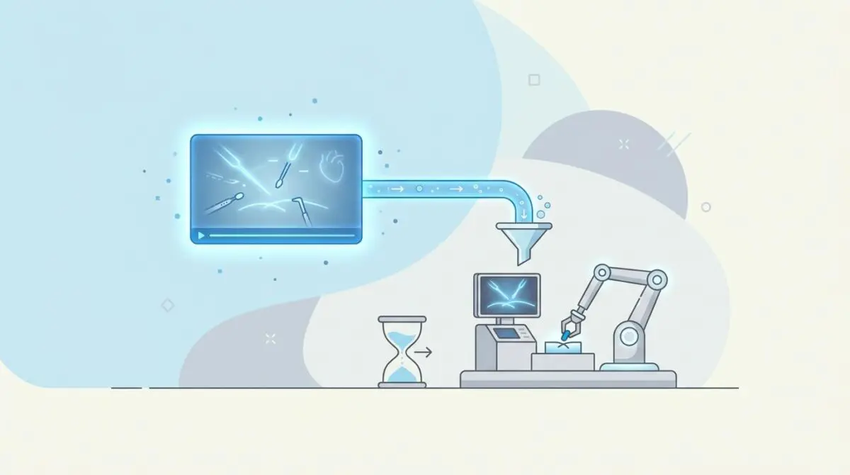 Glowing video frame distilling into a miniature surgical simulator with robotic arm and hourglass, pastel background.
