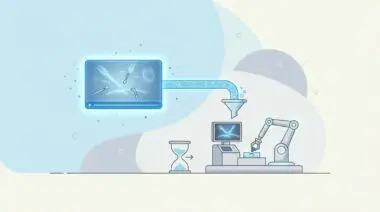 Glowing video frame distilling into a miniature surgical simulator with robotic arm and hourglass, pastel background.