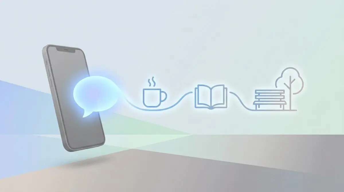Smartphone emitting glowing speech bubble morphing into coffee cup, book, park bench icons, symbolizing Google AI mode conversational search guiding offline activities.
