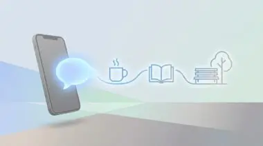 Smartphone emitting glowing speech bubble morphing into coffee cup, book, park bench icons, symbolizing Google AI mode conversational search guiding offline activities.