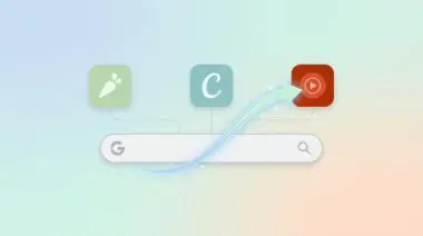 Sleek Google search bar linking to Instacart, Canva, YouTube Music icons with glowing automation arrow, representing Google Search AI Mode's third-party app integration.