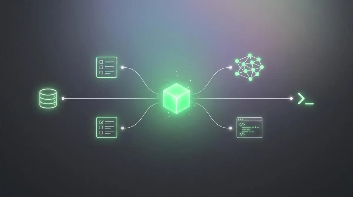Glowing green cube with five connected nodes symbolizing AI reasoning workflows, database, checklist, neural clusters, and code panel on dark gray pastel background.