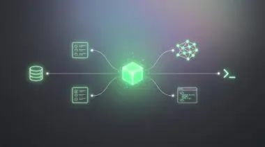 Glowing green cube with five connected nodes symbolizing AI reasoning workflows, database, checklist, neural clusters, and code panel on dark gray pastel background.