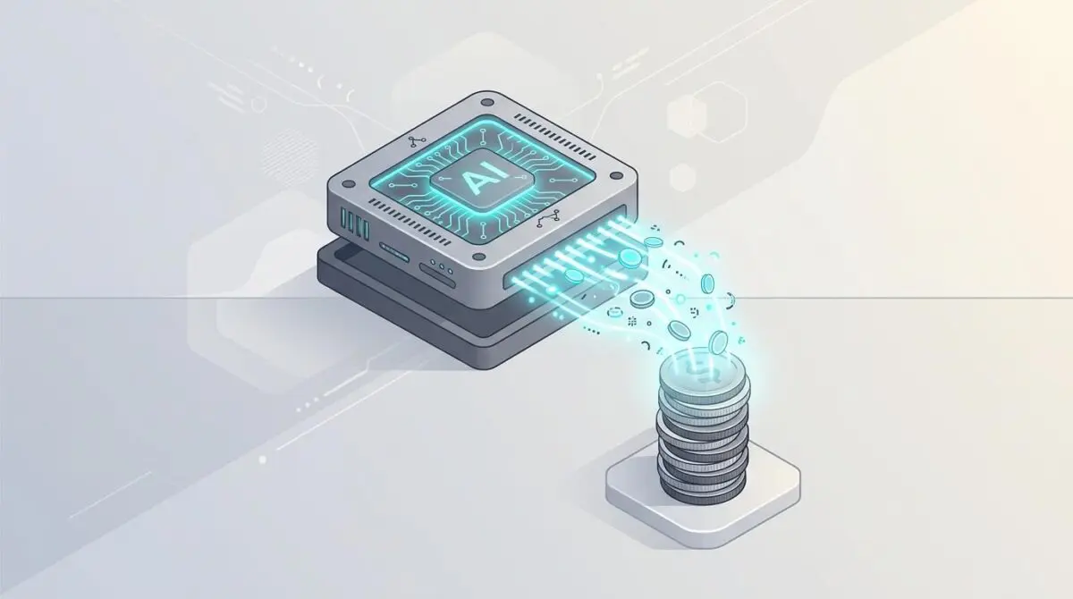 Isometric AI chip emitting glowing token streams downward onto a stack of coins, symbolizing Grok 4.5's disruptive AI economics and high efficiency.