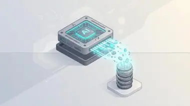 Isometric AI chip emitting glowing token streams downward onto a stack of coins, symbolizing Grok 4.5's disruptive AI economics and high efficiency.
