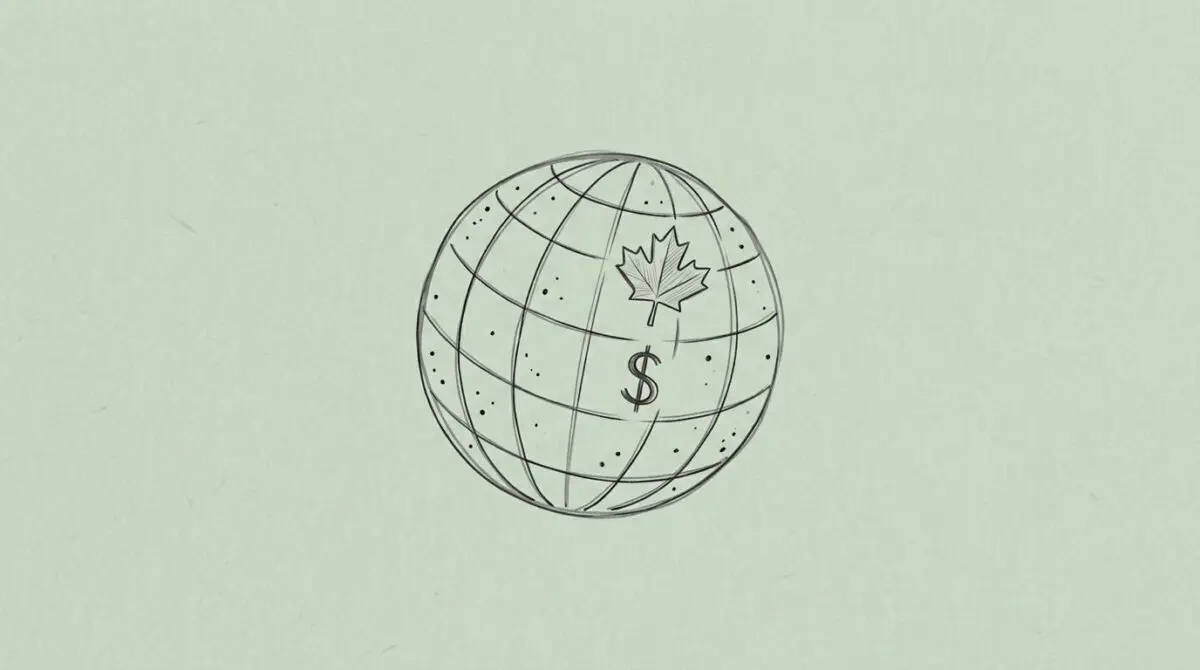 Globe with grid lines and dots on sage green, subtle maple leaf and dollar sign for Anthropic's $10M Canadian AI investment.