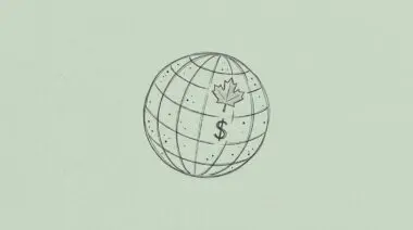 Globe with grid lines and dots on sage green, subtle maple leaf and dollar sign for Anthropic's $10M Canadian AI investment.