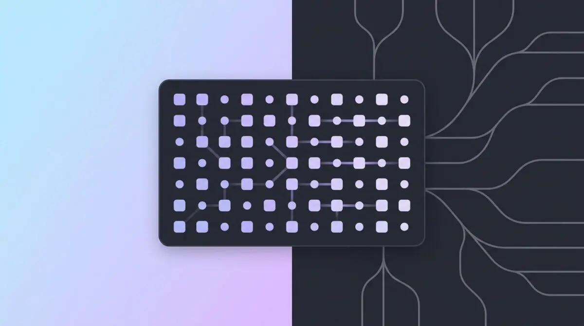 Dark card with light purple grid squares and dots symbolizing hardware-aware dynamic speedup for LLM inference, against split gradient background.