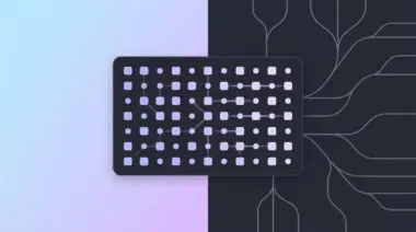 Dark card with light purple grid squares and dots symbolizing hardware-aware dynamic speedup for LLM inference, against split gradient background.