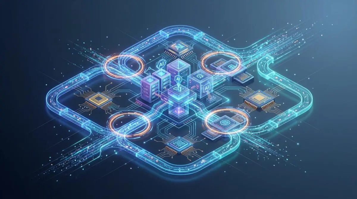 Futuristic isometric network of glowing data streams, microchips, and servers representing 99.8% accurate enterprise automation